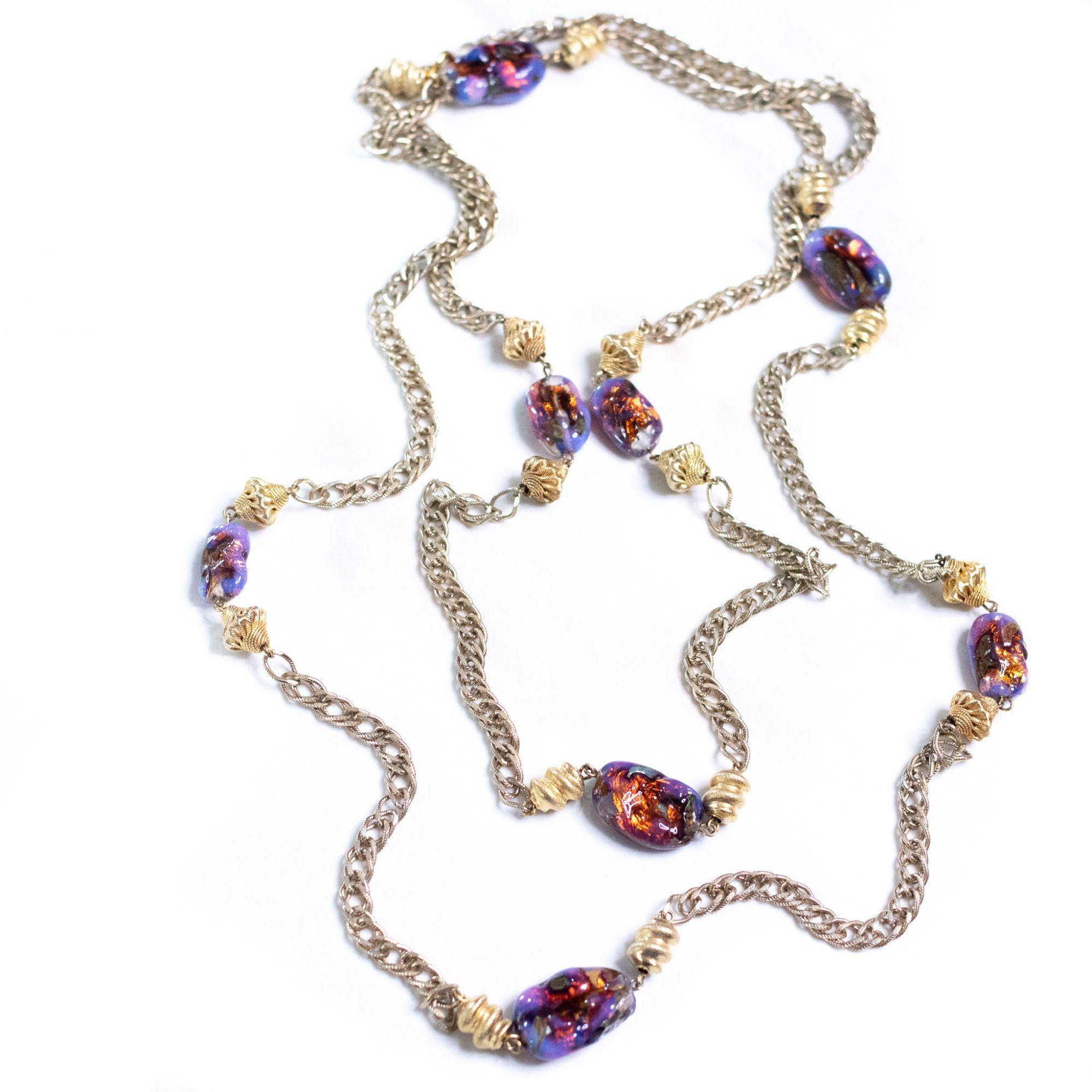 Vintage 1950s Flapper Length Gold and Purple Iridescent Art Glass Necklace by Unsigned Beauty - Vintage Meet Modern Vintage Jewelry - Chicago, Illinois - #oldhollywoodglamour #vintagemeetmodern #designervintage #jewelrybox #antiquejewelry #vintagejewelry