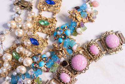 Vintage Kirks Folly Loaded Charm Bracelet with Cherubs, Crystals, Blue Turquoise Beads by Kirks Folly - Vintage Meet Modern Vintage Jewelry - Chicago, Illinois - #oldhollywoodglamour #vintagemeetmodern #designervintage #jewelrybox #antiquejewelry #vintagejewelry
