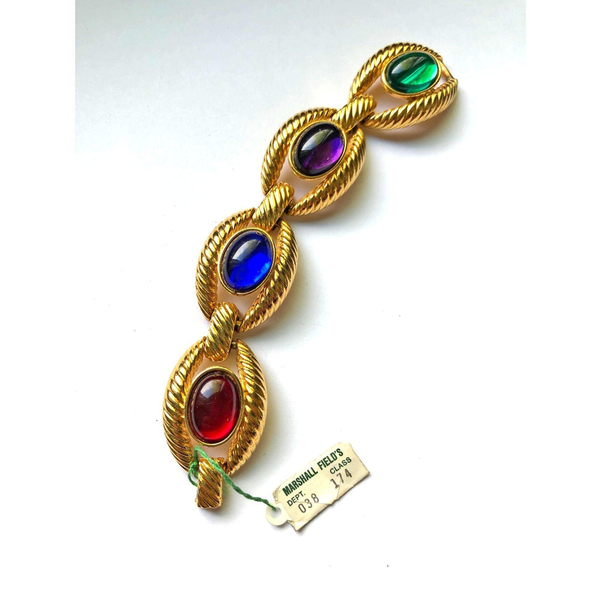 Vintage Gold Cable Link Bracelet with Mogul Style Cabochons