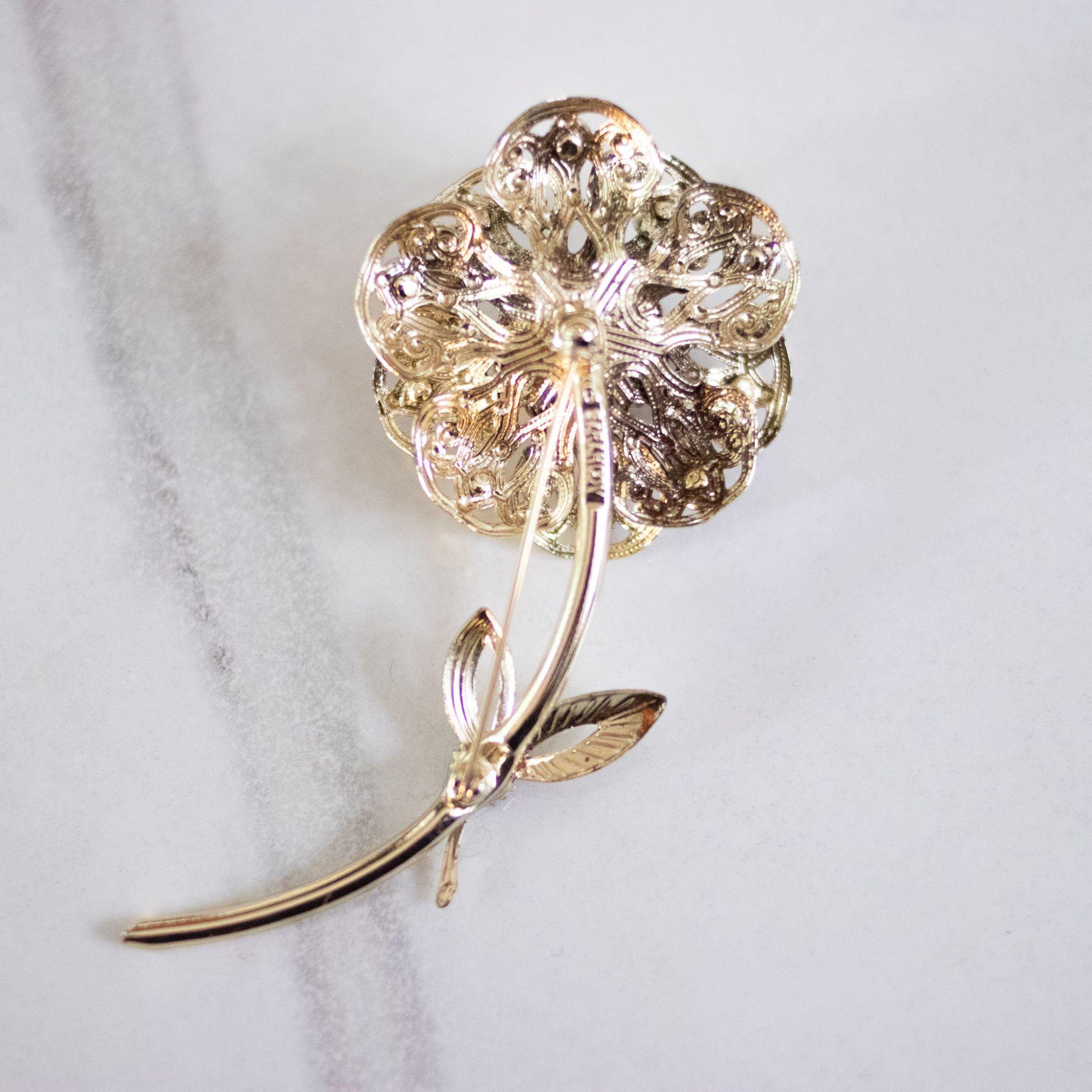 Vintage Sarah Coventry Gold Flower Brooch with Red Aurora Borealis Rhinestones by Sarah Coventry - Vintage Meet Modern Vintage Jewelry - Chicago, Illinois - #oldhollywoodglamour #vintagemeetmodern #designervintage #jewelrybox #antiquejewelry #vintagejewelry