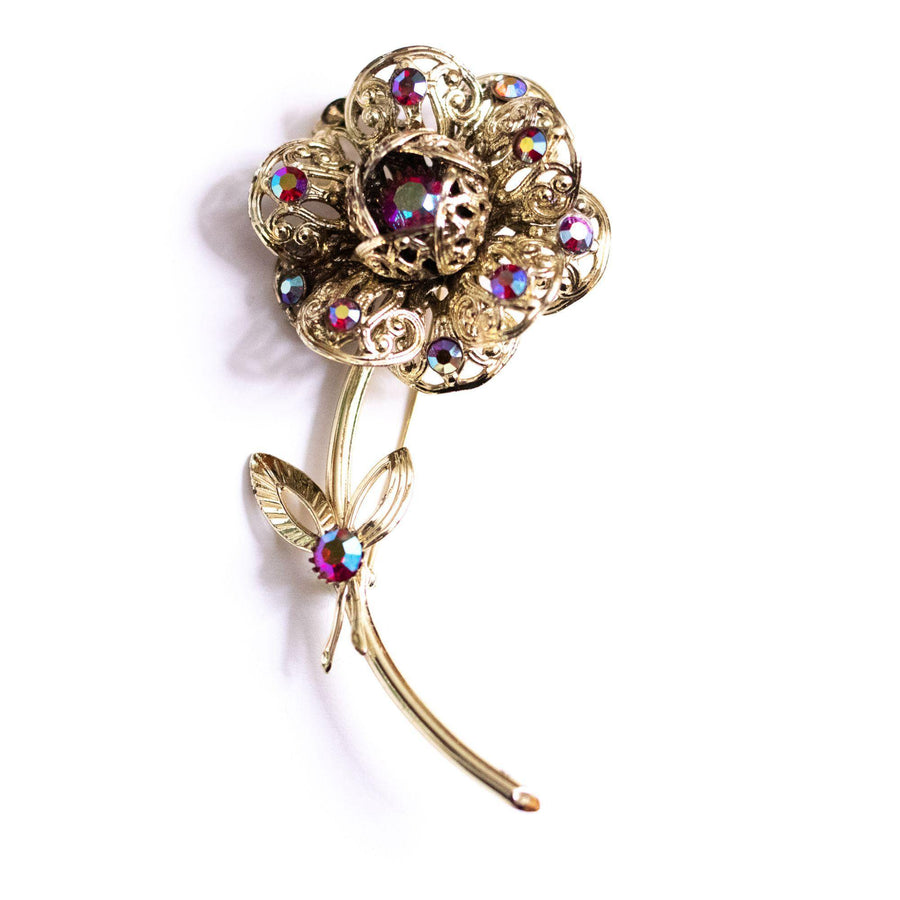 Vintage Sarah Coventry Gold Flower Brooch with Red Aurora Borealis Rhinestones by Sarah Coventry - Vintage Meet Modern Vintage Jewelry - Chicago, Illinois - #oldhollywoodglamour #vintagemeetmodern #designervintage #jewelrybox #antiquejewelry #vintagejewelry