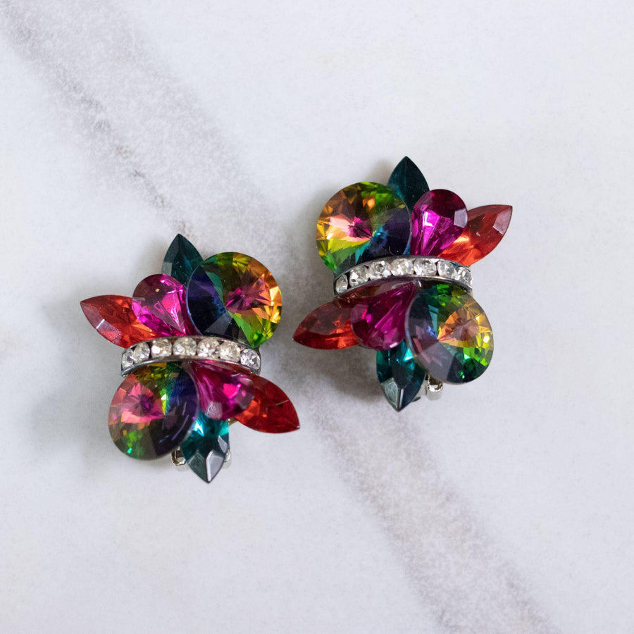 Vintage Rainbow, Red, and Diamante Rhinestone Statement Earrings by Unsigned Beauty - Vintage Meet Modern Vintage Jewelry - Chicago, Illinois - #oldhollywoodglamour #vintagemeetmodern #designervintage #jewelrybox #antiquejewelry #vintagejewelry