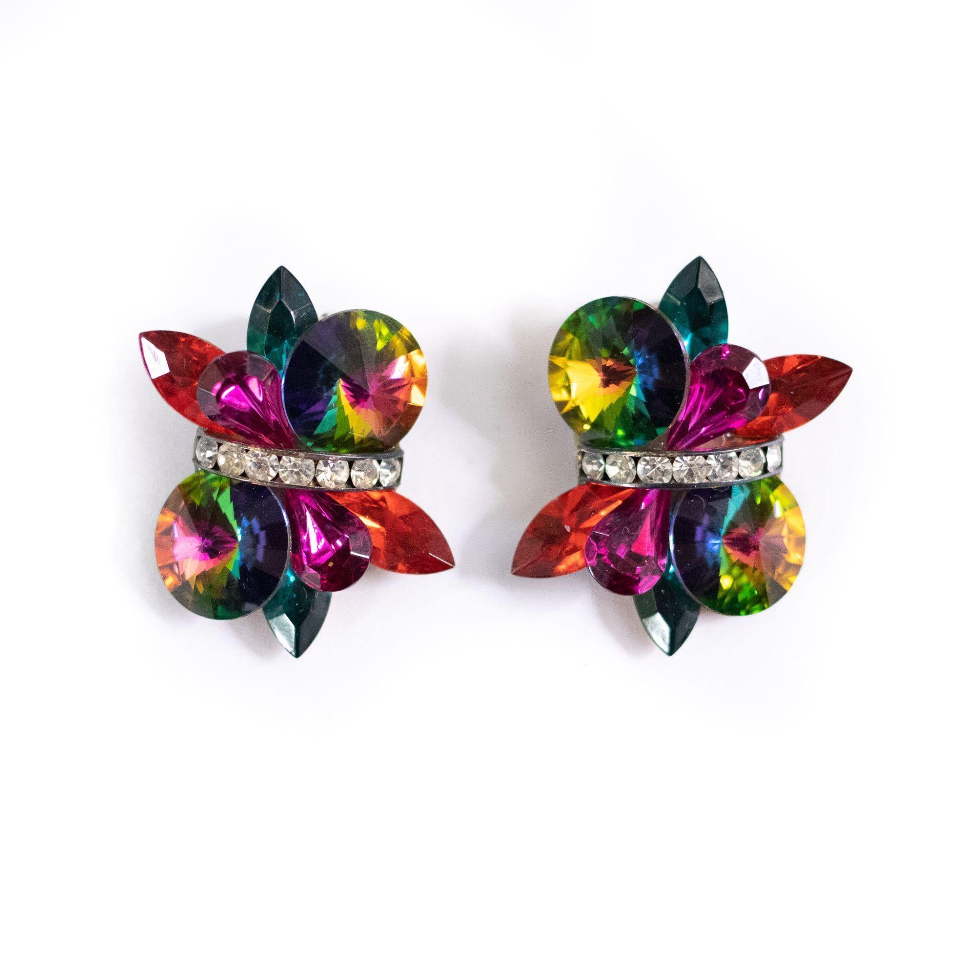 Vintage Rainbow, Red, and Diamante Rhinestone Statement Earrings by Unsigned Beauty - Vintage Meet Modern Vintage Jewelry - Chicago, Illinois - #oldhollywoodglamour #vintagemeetmodern #designervintage #jewelrybox #antiquejewelry #vintagejewelry