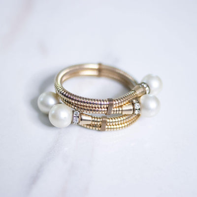 Vintage Pearl and Rhinestone Rondelle Gold Coil Expansion Bracelet by Unsigned Beauty - Vintage Meet Modern Vintage Jewelry - Chicago, Illinois - #oldhollywoodglamour #vintagemeetmodern #designervintage #jewelrybox #antiquejewelry #vintagejewelry