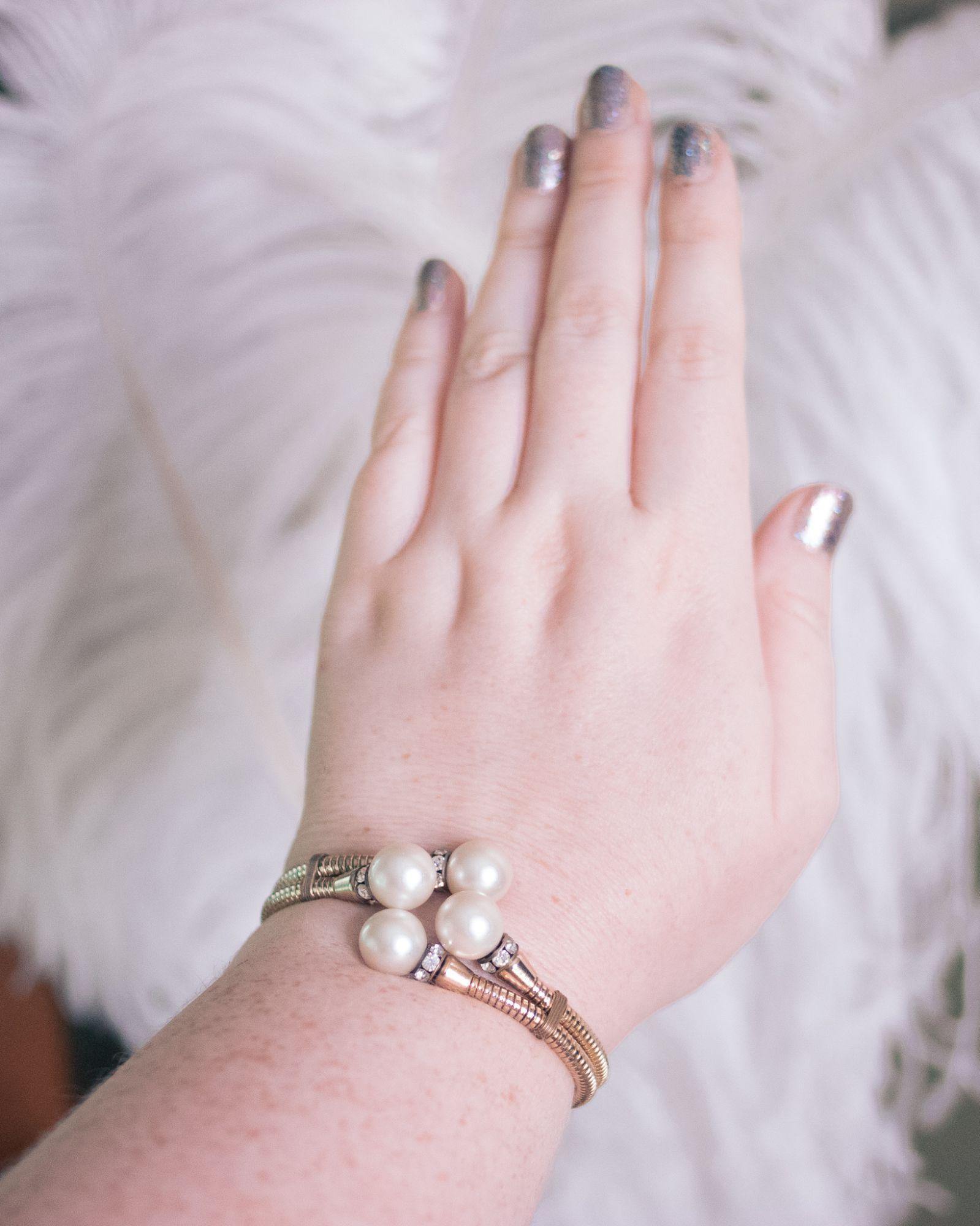 Vintage Pearl and Rhinestone Rondelle Gold Coil Expansion Bracelet by Unsigned Beauty - Vintage Meet Modern Vintage Jewelry - Chicago, Illinois - #oldhollywoodglamour #vintagemeetmodern #designervintage #jewelrybox #antiquejewelry #vintagejewelry