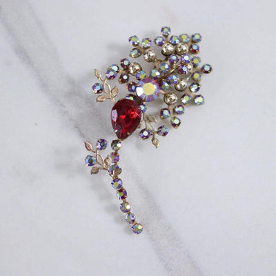 Vintage Red Aurora Borealis Rhinestone and Red Crystal Spray Brooch by Unsigned Beauty - Vintage Meet Modern Vintage Jewelry - Chicago, Illinois - #oldhollywoodglamour #vintagemeetmodern #designervintage #jewelrybox #antiquejewelry #vintagejewelry