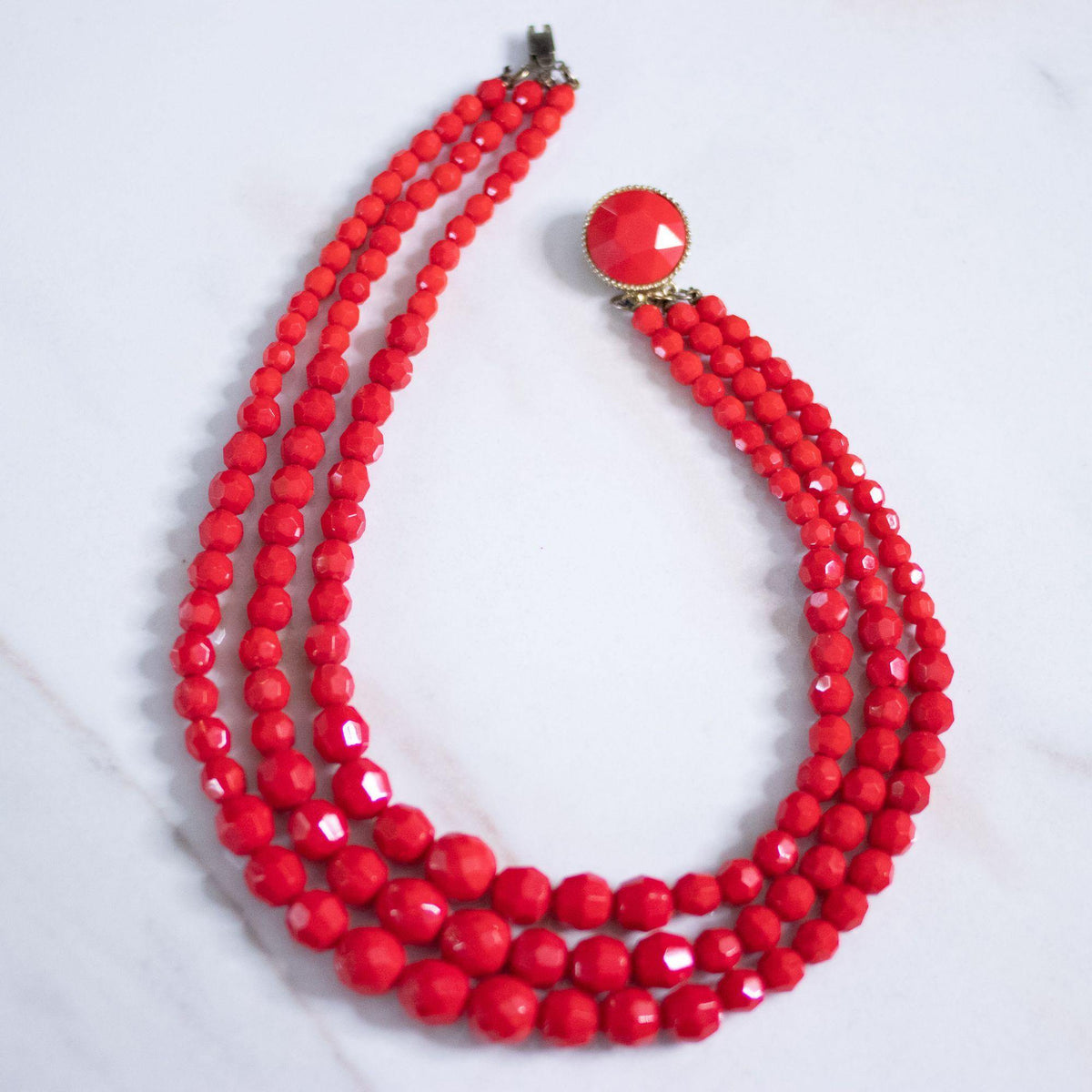 Vintage Retro Red Faceted Bead Double Strand Necklace