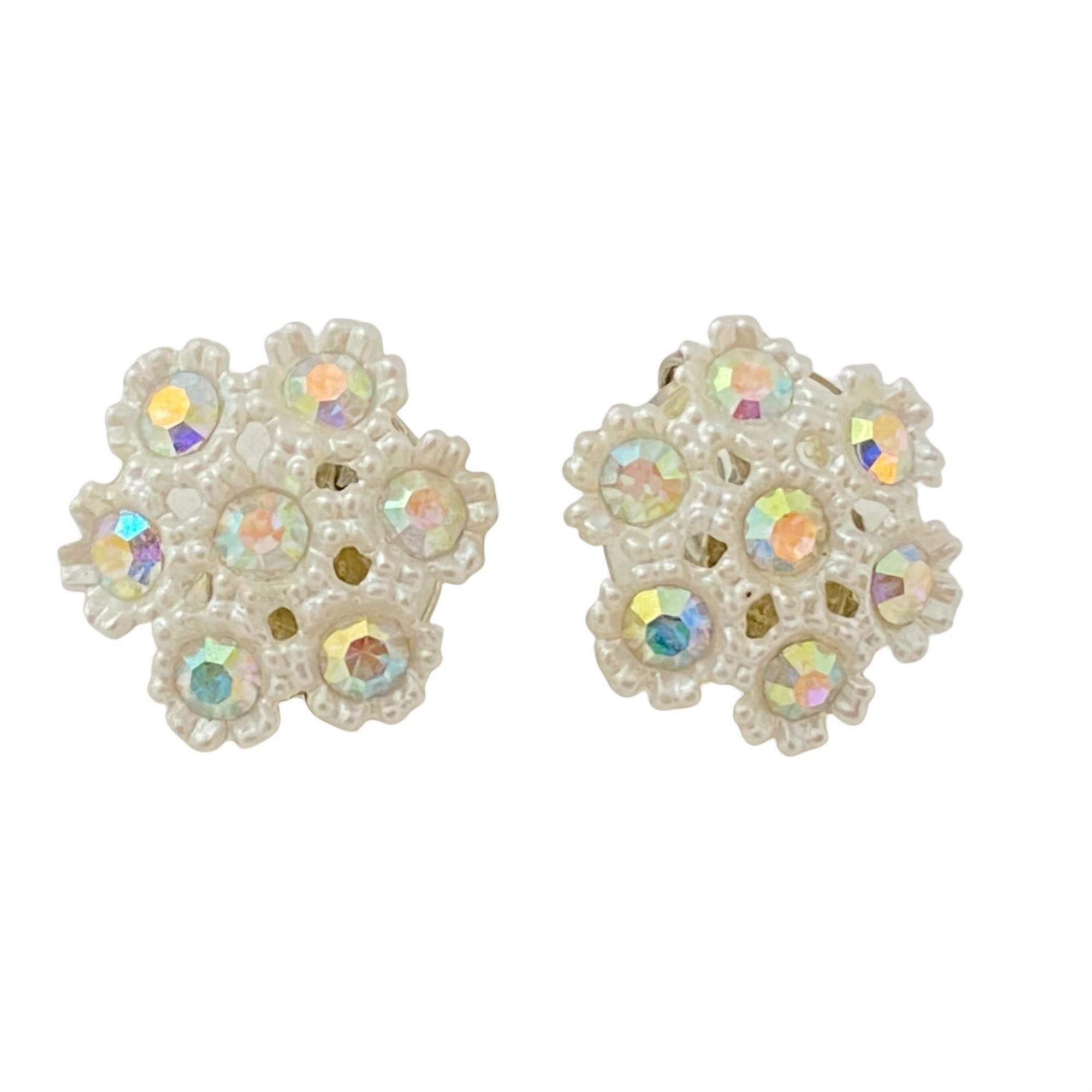 Vintage White Lucite and Aurora Borealis Rhinestone Snowflake Earrings by Unsigned Beauty - Vintage Meet Modern Vintage Jewelry - Chicago, Illinois - #oldhollywoodglamour #vintagemeetmodern #designervintage #jewelrybox #antiquejewelry #vintagejewelry