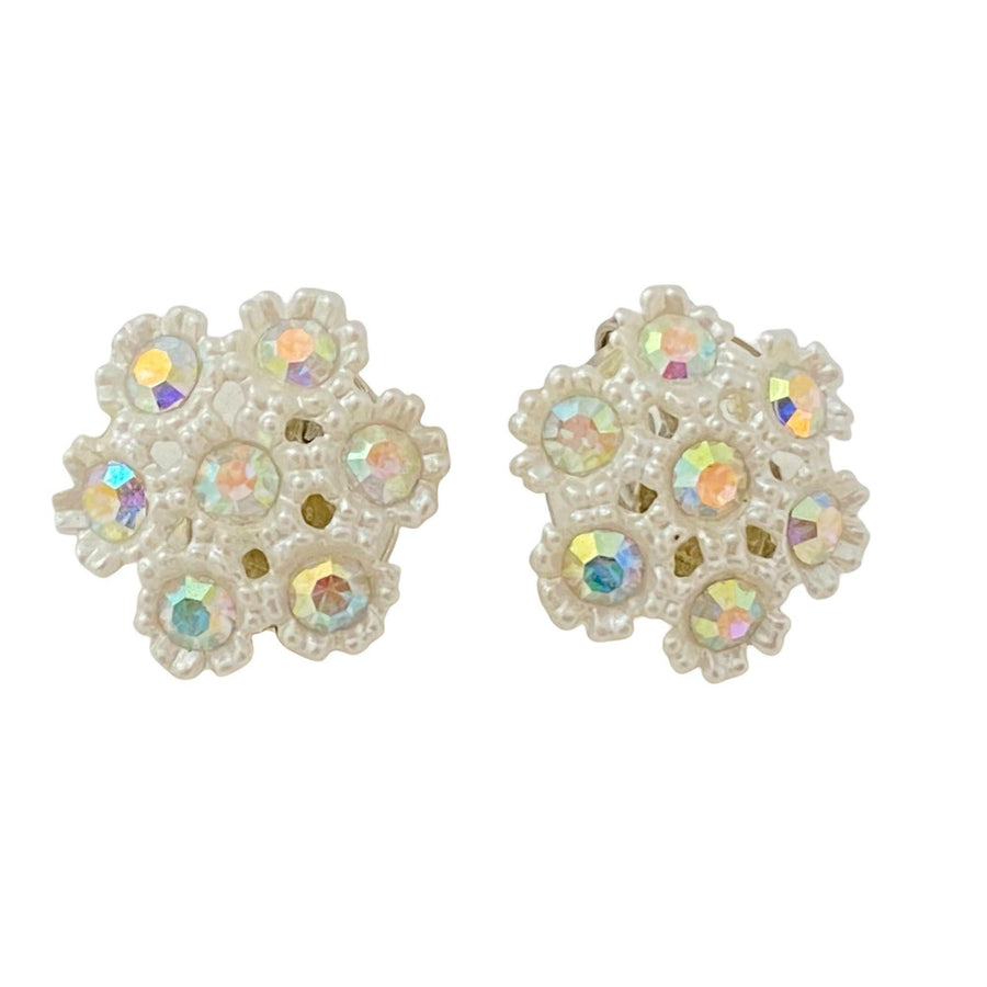 Vintage White Lucite and Aurora Borealis Rhinestone Snowflake Earrings by Unsigned Beauty - Vintage Meet Modern Vintage Jewelry - Chicago, Illinois - #oldhollywoodglamour #vintagemeetmodern #designervintage #jewelrybox #antiquejewelry #vintagejewelry
