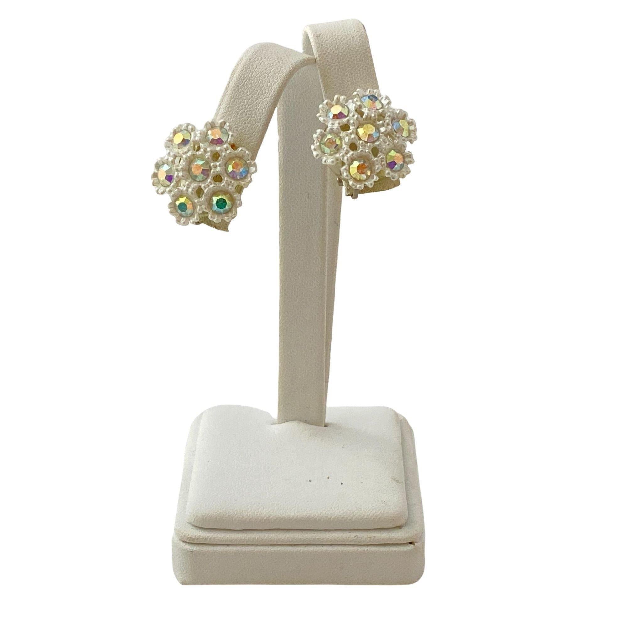 Vintage White Lucite and Aurora Borealis Rhinestone Snowflake Earrings by Unsigned Beauty - Vintage Meet Modern Vintage Jewelry - Chicago, Illinois - #oldhollywoodglamour #vintagemeetmodern #designervintage #jewelrybox #antiquejewelry #vintagejewelry