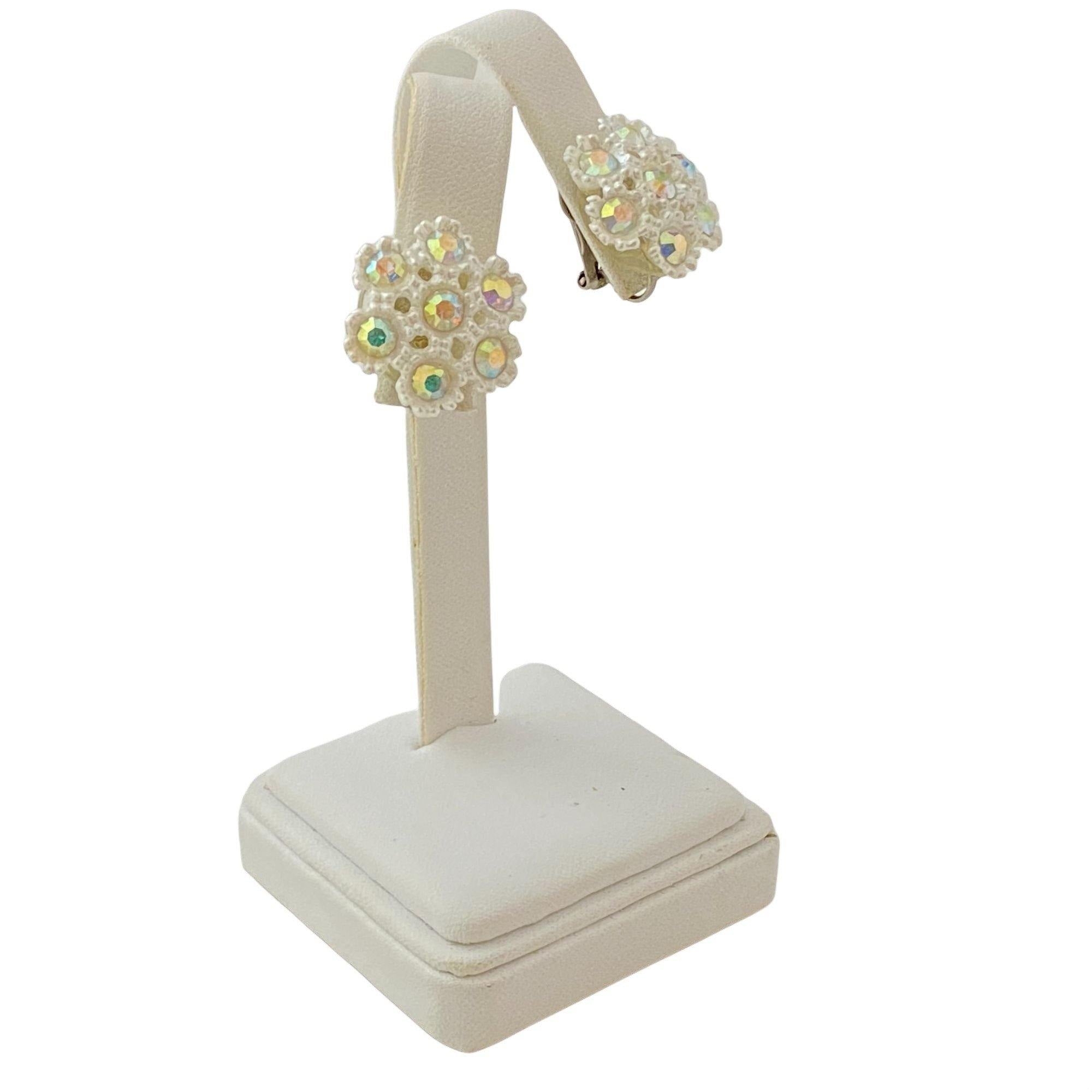 Vintage White Lucite and Aurora Borealis Rhinestone Snowflake Earrings by Unsigned Beauty - Vintage Meet Modern Vintage Jewelry - Chicago, Illinois - #oldhollywoodglamour #vintagemeetmodern #designervintage #jewelrybox #antiquejewelry #vintagejewelry