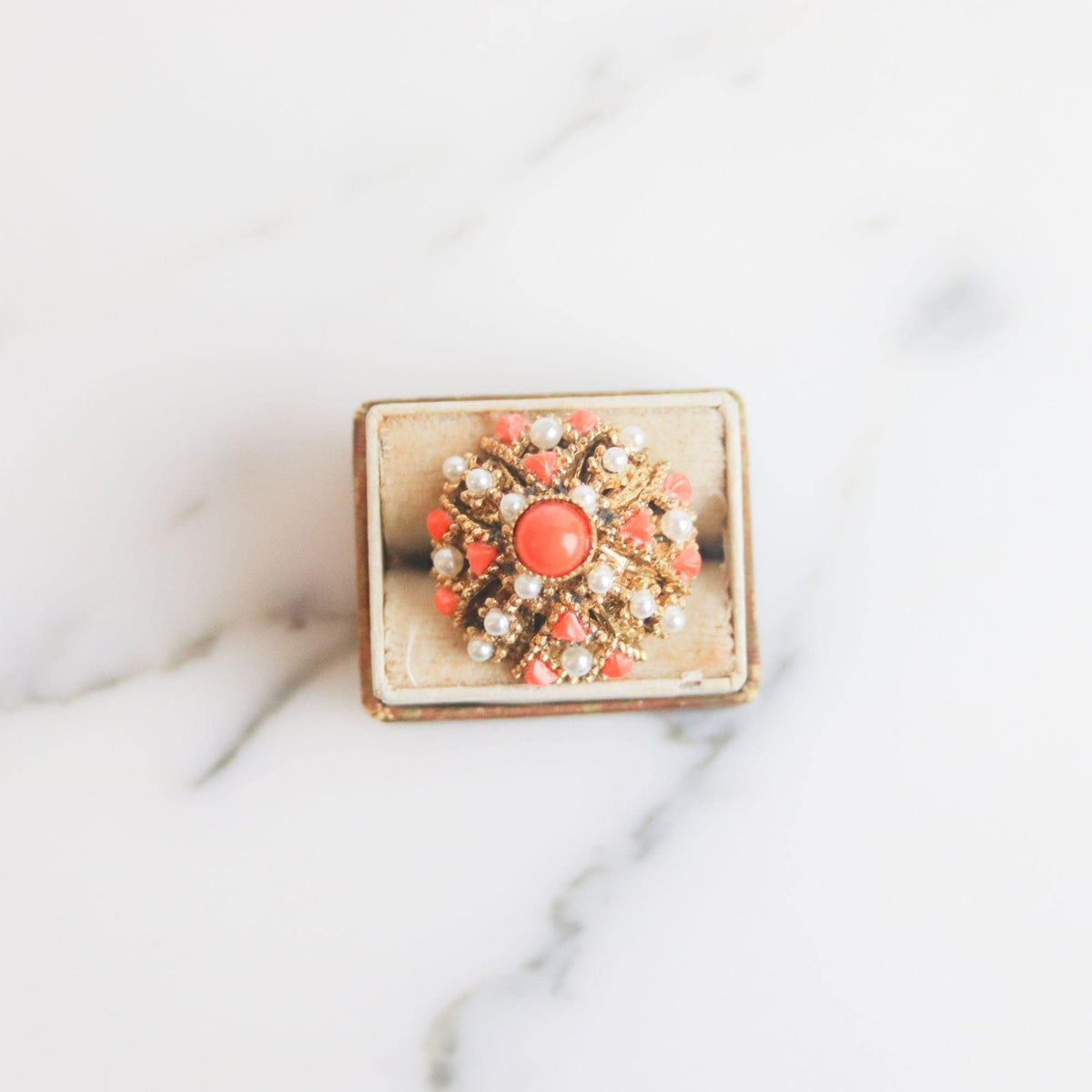 Vintage Coral and Pearl Bead Statement Ring