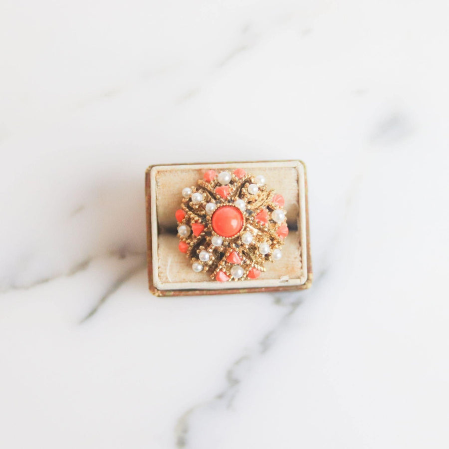 Vintage Coral and Pearl Bead Statement Ring by Unsigned Beauty - Vintage Meet Modern Vintage Jewelry - Chicago, Illinois - #oldhollywoodglamour #vintagemeetmodern #designervintage #jewelrybox #antiquejewelry #vintagejewelry