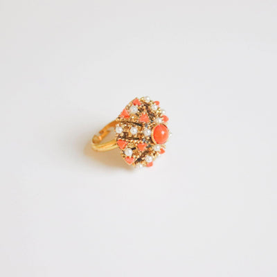 Vintage Coral and Pearl Bead Statement Ring by Unsigned Beauty - Vintage Meet Modern Vintage Jewelry - Chicago, Illinois - #oldhollywoodglamour #vintagemeetmodern #designervintage #jewelrybox #antiquejewelry #vintagejewelry