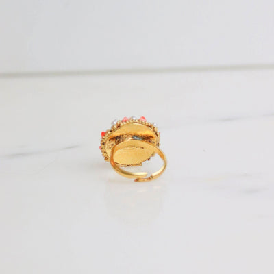 Vintage Coral and Pearl Bead Statement Ring by Unsigned Beauty - Vintage Meet Modern Vintage Jewelry - Chicago, Illinois - #oldhollywoodglamour #vintagemeetmodern #designervintage #jewelrybox #antiquejewelry #vintagejewelry