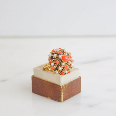 Vintage Coral and Pearl Bead Statement Ring by Unsigned Beauty - Vintage Meet Modern Vintage Jewelry - Chicago, Illinois - #oldhollywoodglamour #vintagemeetmodern #designervintage #jewelrybox #antiquejewelry #vintagejewelry