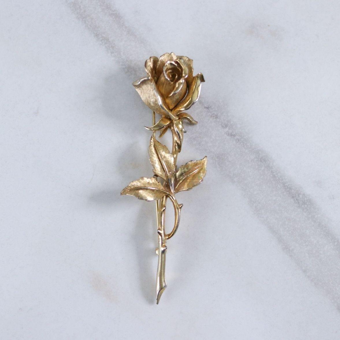 Vintage Boucher Gold Long Stem Rose Brooch by Boucher - Vintage Meet Modern Vintage Jewelry - Chicago, Illinois - #oldhollywoodglamour #vintagemeetmodern #designervintage #jewelrybox #antiquejewelry #vintagejewelry