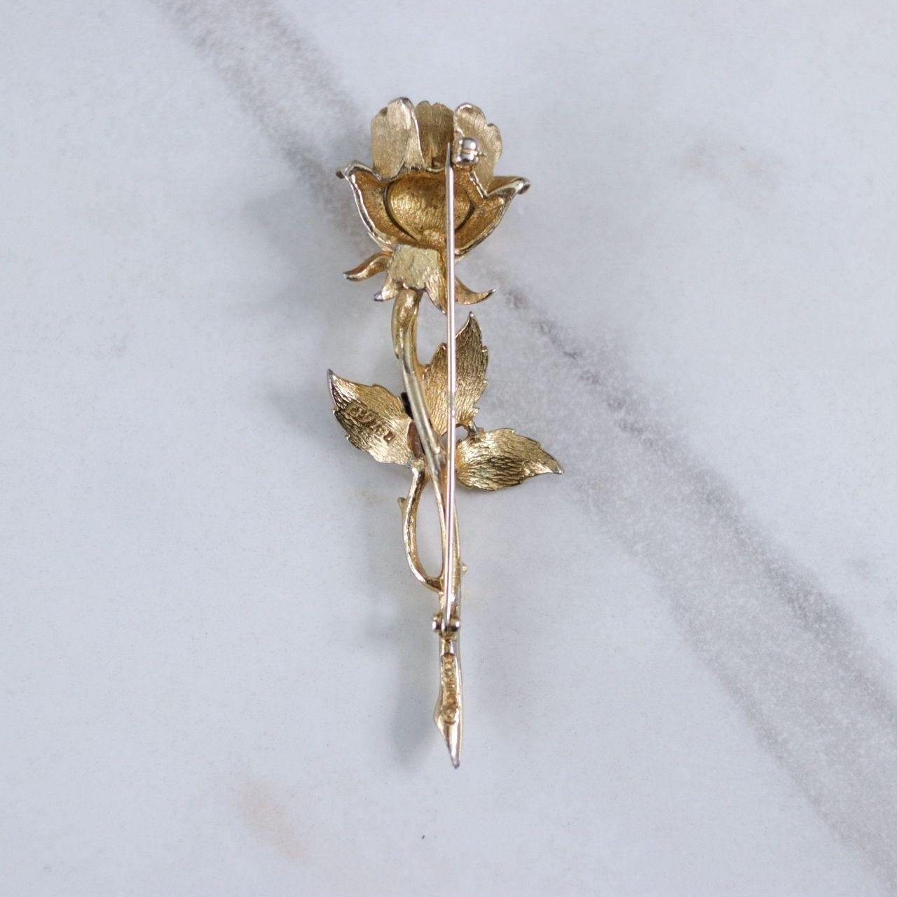 Vintage Boucher Gold Long Stem Rose Brooch by Boucher - Vintage Meet Modern Vintage Jewelry - Chicago, Illinois - #oldhollywoodglamour #vintagemeetmodern #designervintage #jewelrybox #antiquejewelry #vintagejewelry
