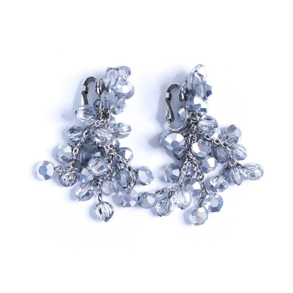 Vintage Vogue Bijoux Mirrored Silver Dangling Cluster Bead Statement Earrings