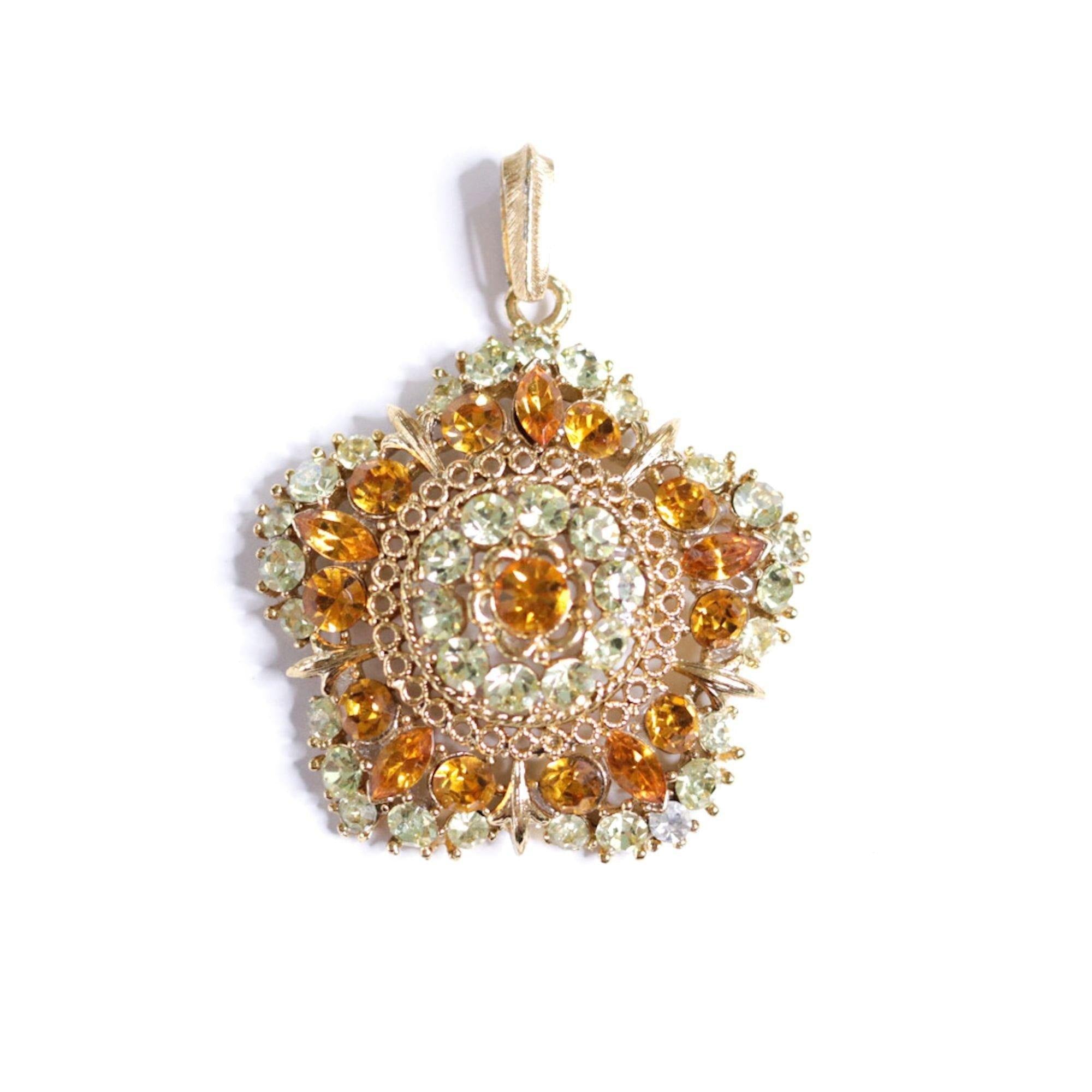 Vintage Lisner Amber and Yellow Rhinestone Pendant by Lisner - Vintage Meet Modern Vintage Jewelry - Chicago, Illinois - #oldhollywoodglamour #vintagemeetmodern #designervintage #jewelrybox #antiquejewelry #vintagejewelry