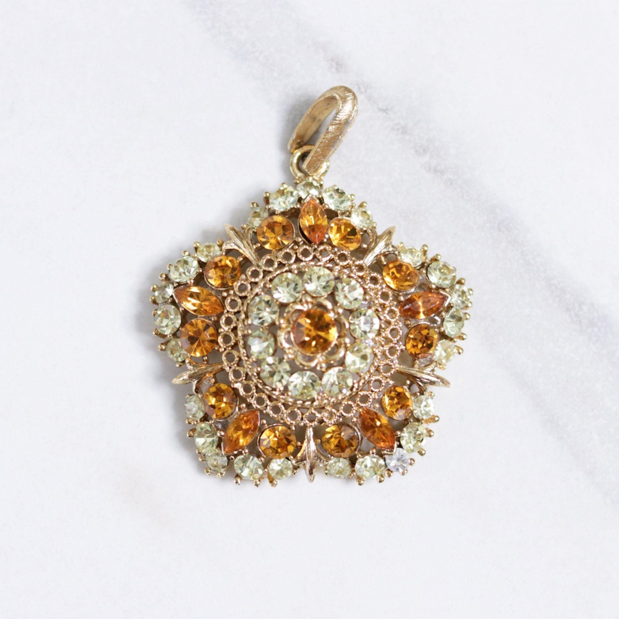 Vintage Lisner Amber and Yellow Rhinestone Pendant by Lisner - Vintage Meet Modern Vintage Jewelry - Chicago, Illinois - #oldhollywoodglamour #vintagemeetmodern #designervintage #jewelrybox #antiquejewelry #vintagejewelry