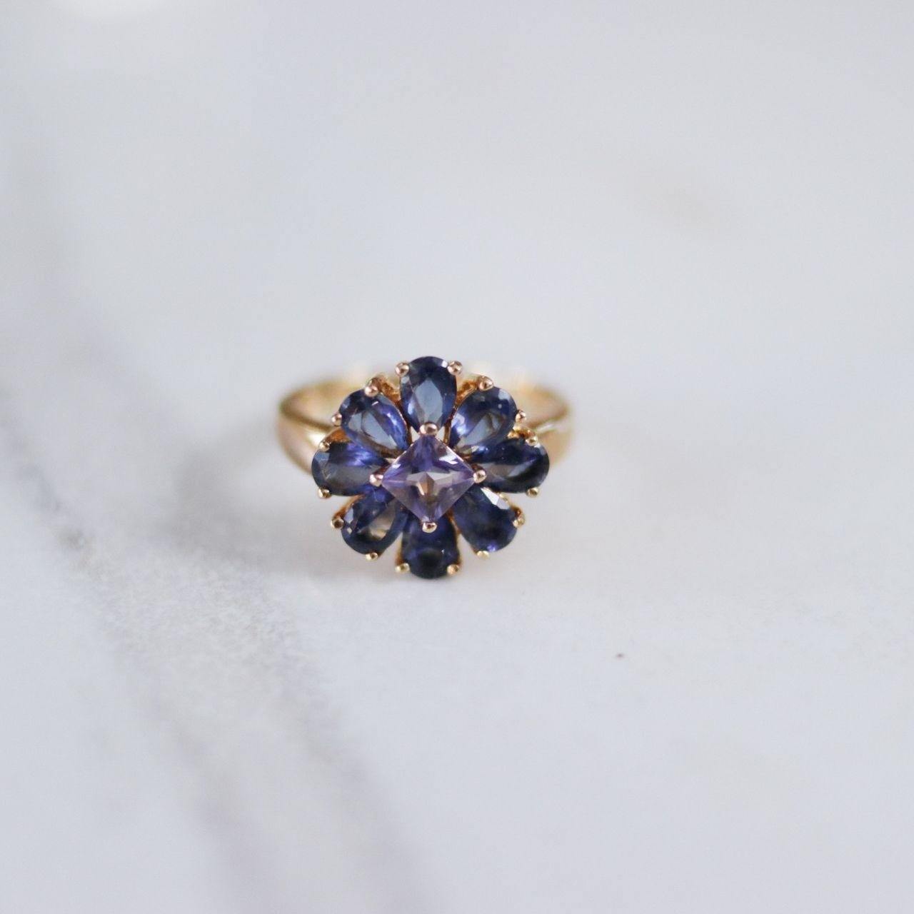 Vintage Iolite Flower Statement Ring by Unsigned Beauty - Vintage Meet Modern Vintage Jewelry - Chicago, Illinois - #oldhollywoodglamour #vintagemeetmodern #designervintage #jewelrybox #antiquejewelry #vintagejewelry