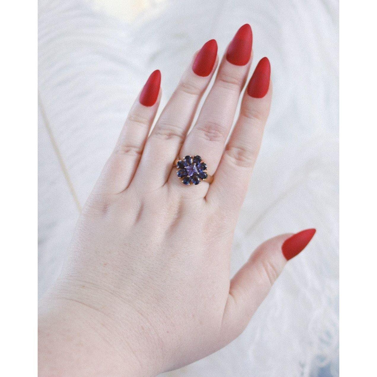 Vintage Iolite Flower Statement Ring by Unsigned Beauty - Vintage Meet Modern Vintage Jewelry - Chicago, Illinois - #oldhollywoodglamour #vintagemeetmodern #designervintage #jewelrybox #antiquejewelry #vintagejewelry
