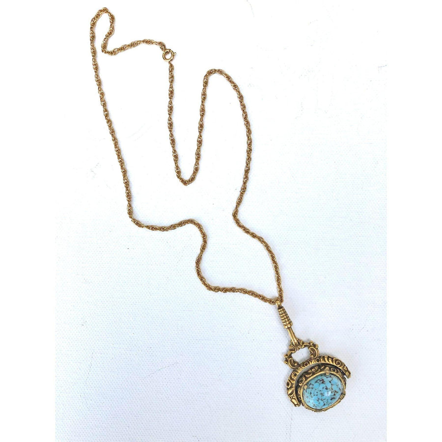 Vintage Goldette Egyptian Revival Turquoise Fob Necklace by Goldette - Vintage Meet Modern Vintage Jewelry - Chicago, Illinois - #oldhollywoodglamour #vintagemeetmodern #designervintage #jewelrybox #antiquejewelry #vintagejewelry