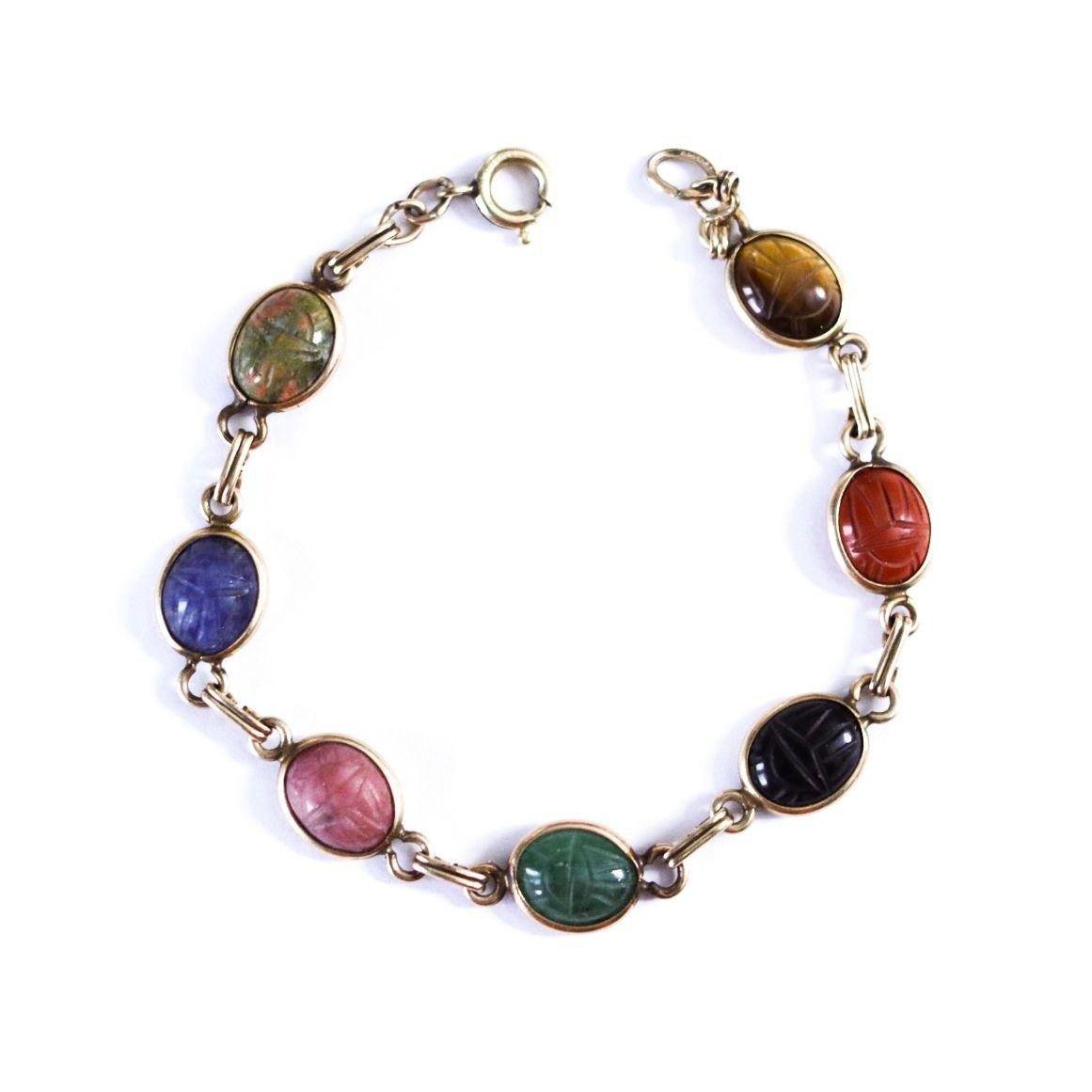 Vintage Carnelian, Tigers Eye, Jade, Lapis, Agate Scarab Bracelet by Unsigned Beauty - Vintage Meet Modern Vintage Jewelry - Chicago, Illinois - #oldhollywoodglamour #vintagemeetmodern #designervintage #jewelrybox #antiquejewelry #vintagejewelry