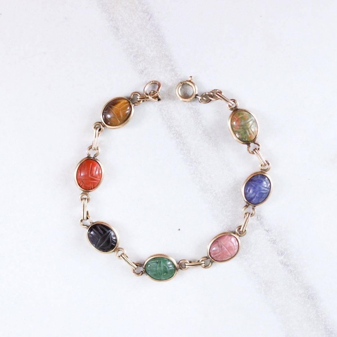 Vintage Carnelian, Tigers Eye, Jade, Lapis, Agate Scarab Bracelet by Unsigned Beauty - Vintage Meet Modern Vintage Jewelry - Chicago, Illinois - #oldhollywoodglamour #vintagemeetmodern #designervintage #jewelrybox #antiquejewelry #vintagejewelry