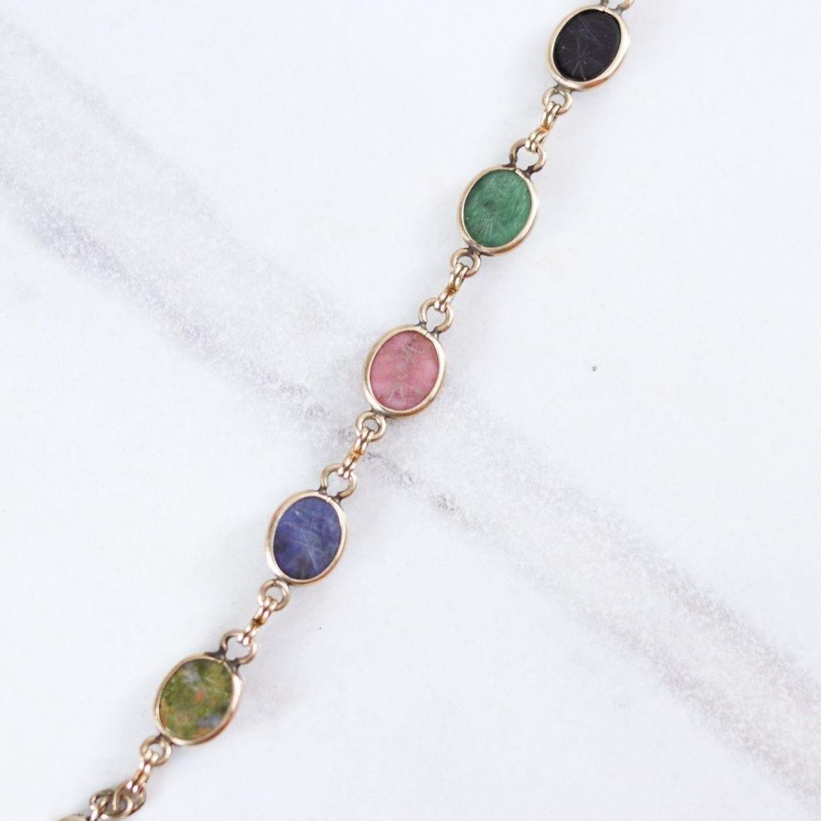 Vintage Carnelian, Tigers Eye, Jade, Lapis, Agate Scarab Bracelet by Unsigned Beauty - Vintage Meet Modern Vintage Jewelry - Chicago, Illinois - #oldhollywoodglamour #vintagemeetmodern #designervintage #jewelrybox #antiquejewelry #vintagejewelry