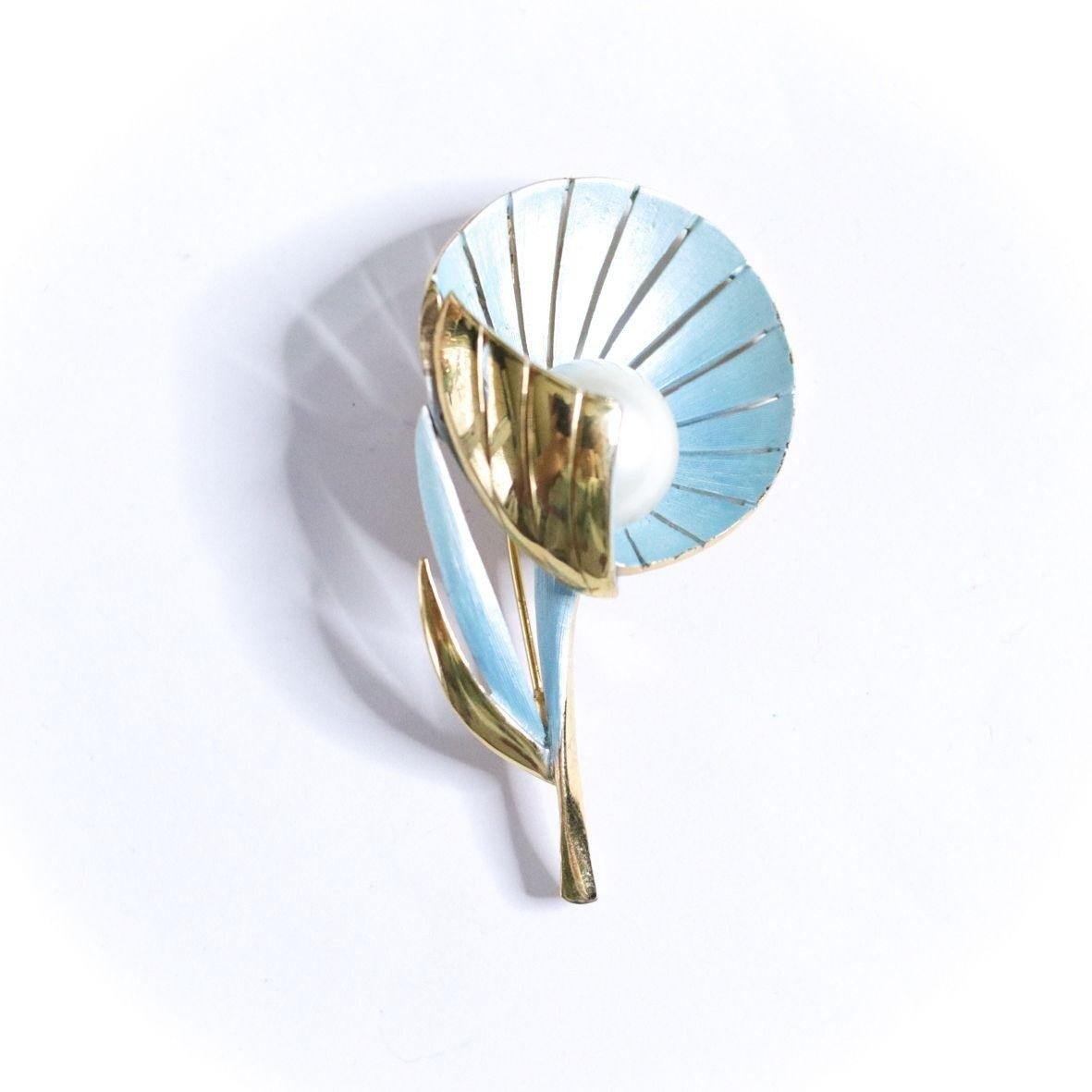 Vintage Blue Fan Flower with Pearl Brooch