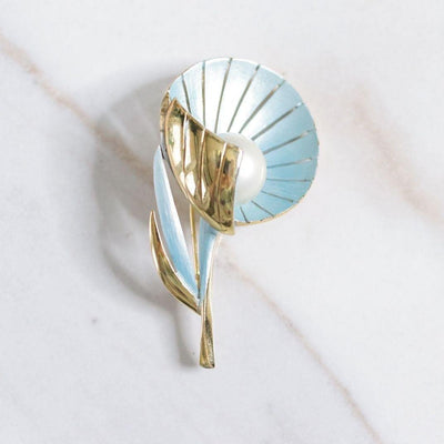 Vintage Blue Fan Flower with Pearl Brooch by Unsigned Beauty - Vintage Meet Modern Vintage Jewelry - Chicago, Illinois - #oldhollywoodglamour #vintagemeetmodern #designervintage #jewelrybox #antiquejewelry #vintagejewelry