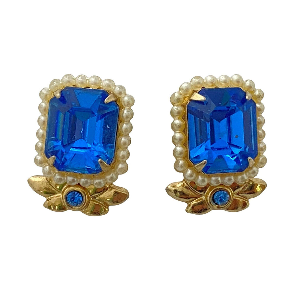 Vintage Coro Blue Crystal and Faux Pearl Earrings