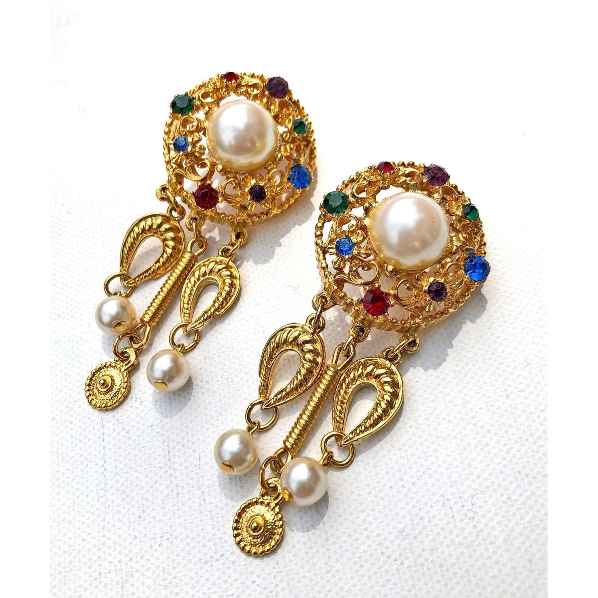 Vintage 1980s Mogul Style Pearl and Rhinestone Dangling Statement Earrings