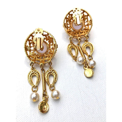 Vintage 1980s Mogul Style Pearl and Rhinestone Dangling Statement Earrings by Unsigned Beauty - Vintage Meet Modern Vintage Jewelry - Chicago, Illinois - #oldhollywoodglamour #vintagemeetmodern #designervintage #jewelrybox #antiquejewelry #vintagejewelry