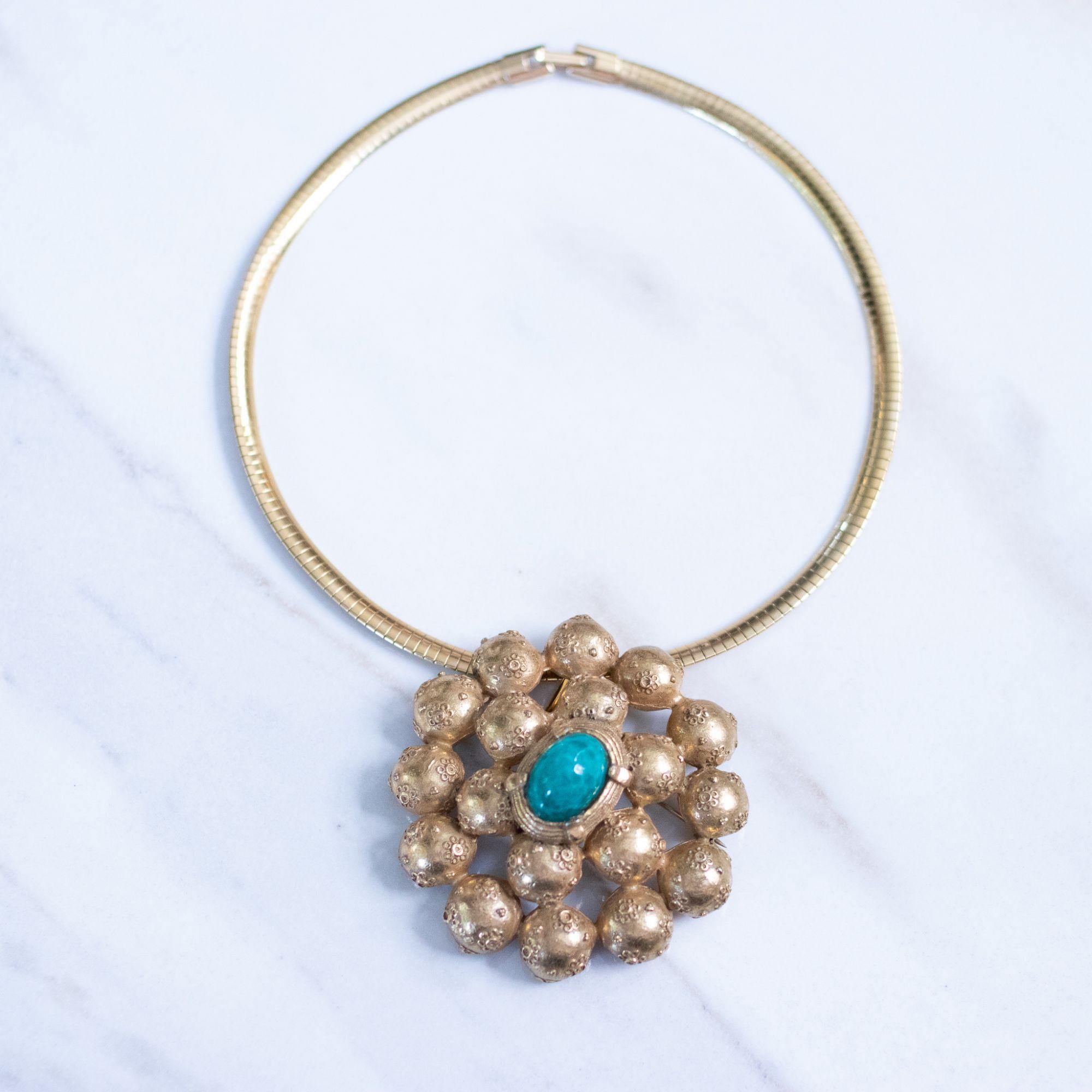 Vintage Richelieu Etruscan Pendant Necklace with Jade Art Glass Cabochon by Richelieu - Vintage Meet Modern Vintage Jewelry - Chicago, Illinois - #oldhollywoodglamour #vintagemeetmodern #designervintage #jewelrybox #antiquejewelry #vintagejewelry