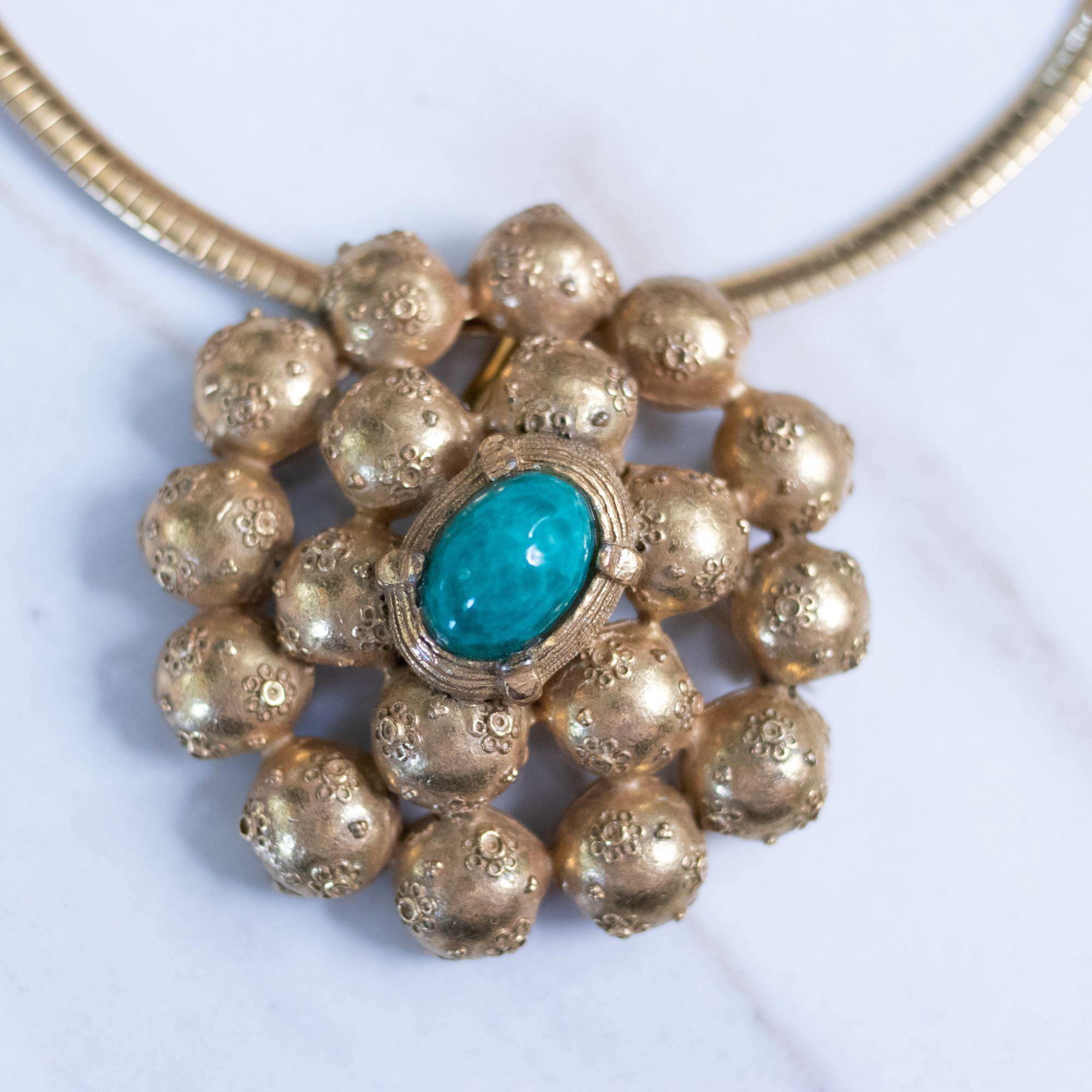 Vintage Richelieu Etruscan Pendant Necklace with Jade Art Glass Cabochon by Richelieu - Vintage Meet Modern Vintage Jewelry - Chicago, Illinois - #oldhollywoodglamour #vintagemeetmodern #designervintage #jewelrybox #antiquejewelry #vintagejewelry