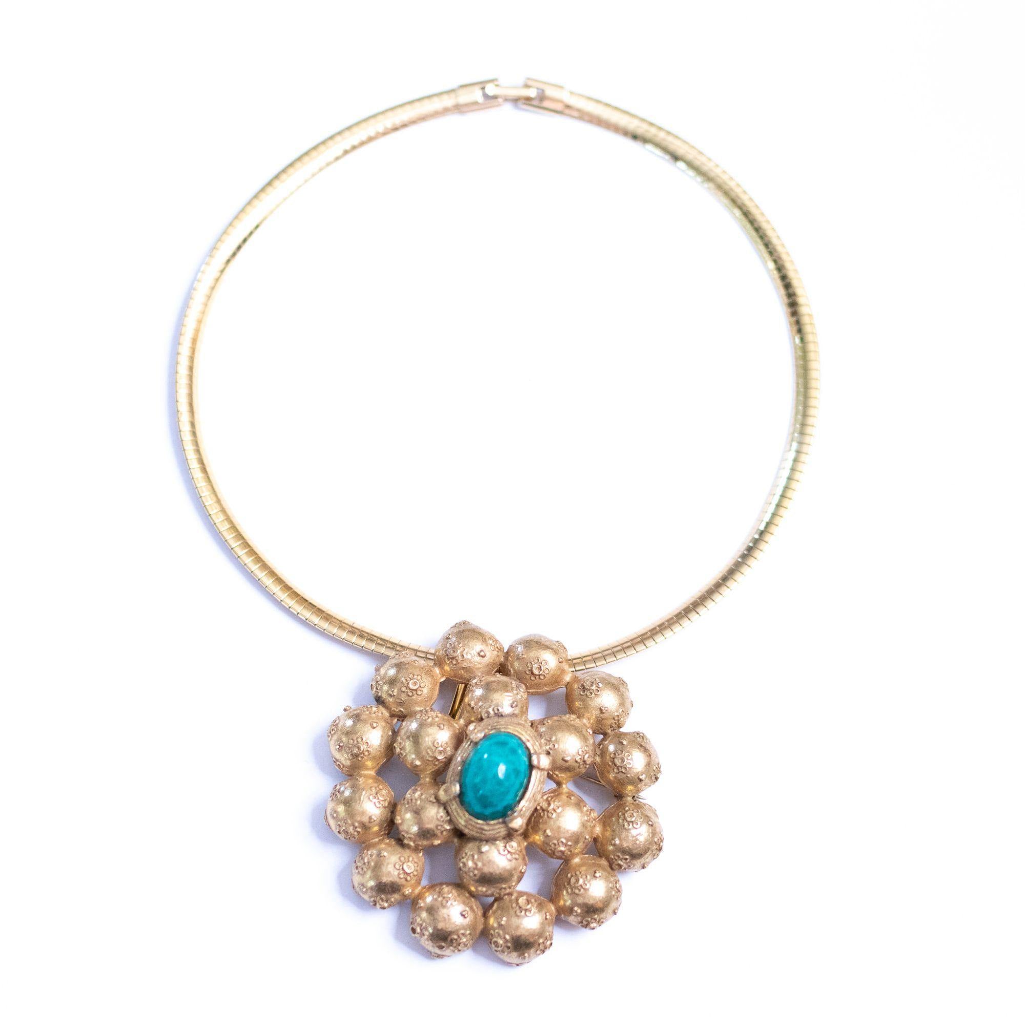 Vintage Richelieu Etruscan Pendant Necklace with Jade Art Glass Cabochon by Richelieu - Vintage Meet Modern Vintage Jewelry - Chicago, Illinois - #oldhollywoodglamour #vintagemeetmodern #designervintage #jewelrybox #antiquejewelry #vintagejewelry