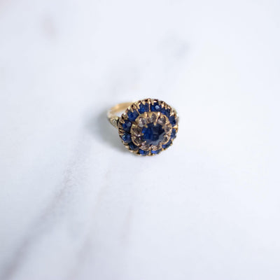 Vintage Gold Filled Sapphire Blue and Crystal Dome Ring by 1/20 12kt Gold Filled - Vintage Meet Modern Vintage Jewelry - Chicago, Illinois - #oldhollywoodglamour #vintagemeetmodern #designervintage #jewelrybox #antiquejewelry #vintagejewelry
