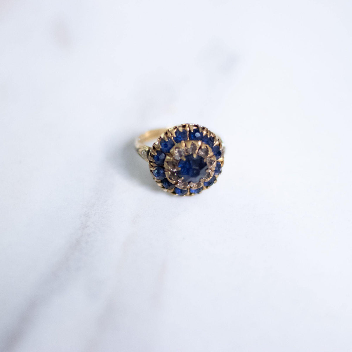 Vintage Gold Filled Sapphire Blue and Crystal Dome Ring