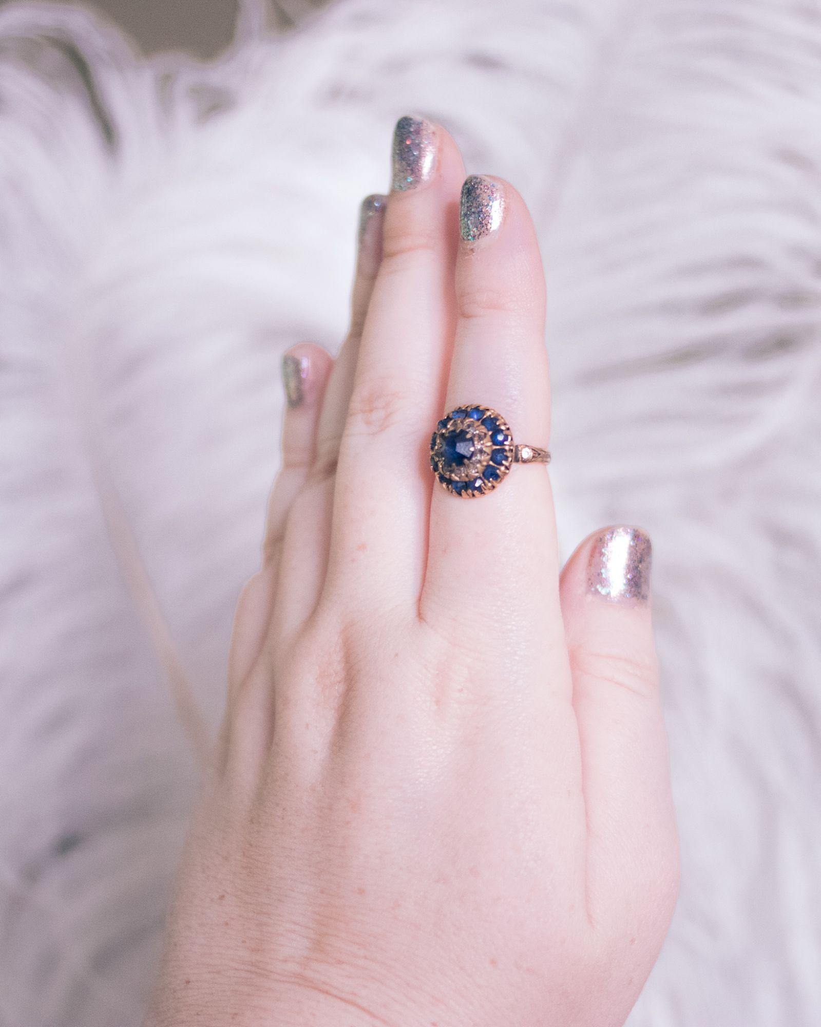 Vintage Gold Filled Sapphire Blue and Crystal Dome Ring by 1/20 12kt Gold Filled - Vintage Meet Modern Vintage Jewelry - Chicago, Illinois - #oldhollywoodglamour #vintagemeetmodern #designervintage #jewelrybox #antiquejewelry #vintagejewelry