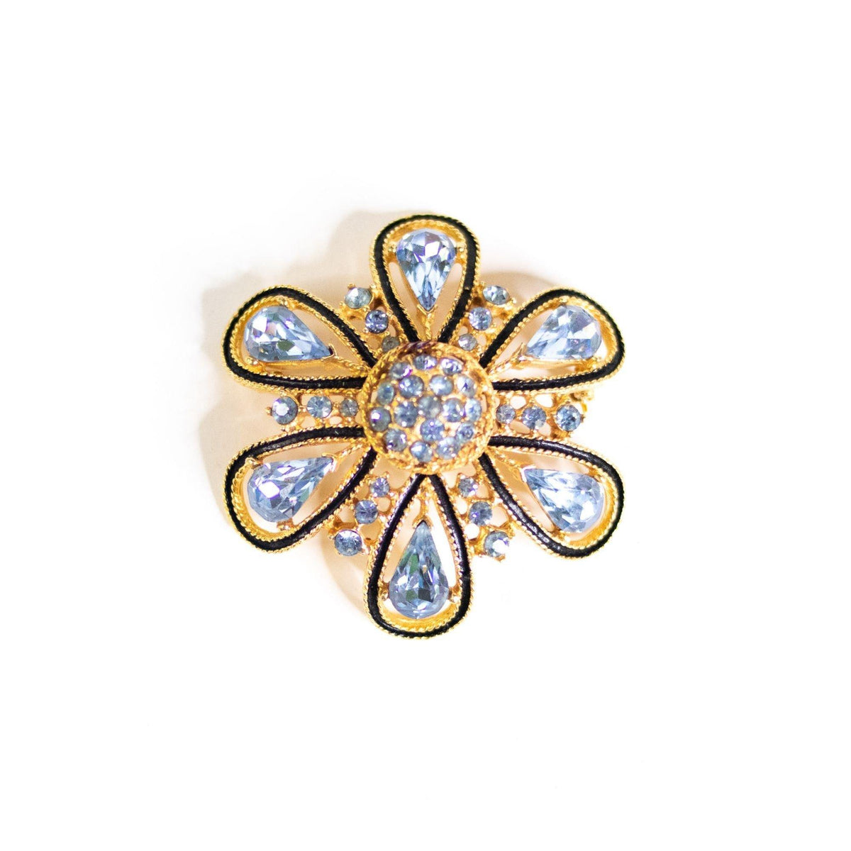 Incredible Blue Rhinestone and Black Enamel Flower Brooch