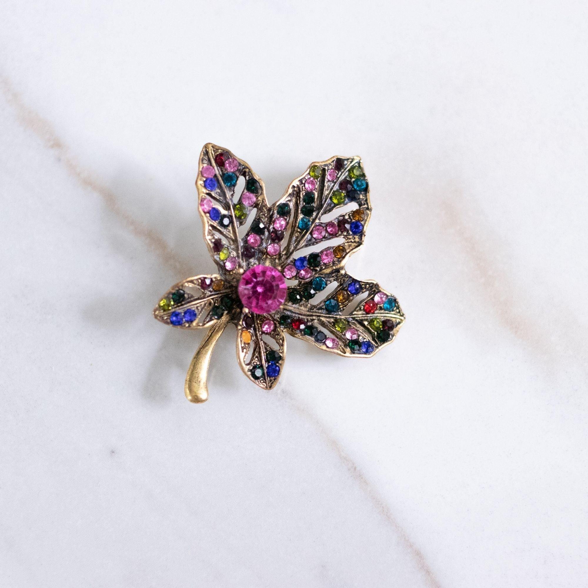 Vintage Blue, Pink Rhinestone Leaf Brooch by Unsigned Beauty - Vintage Meet Modern Vintage Jewelry - Chicago, Illinois - #oldhollywoodglamour #vintagemeetmodern #designervintage #jewelrybox #antiquejewelry #vintagejewelry