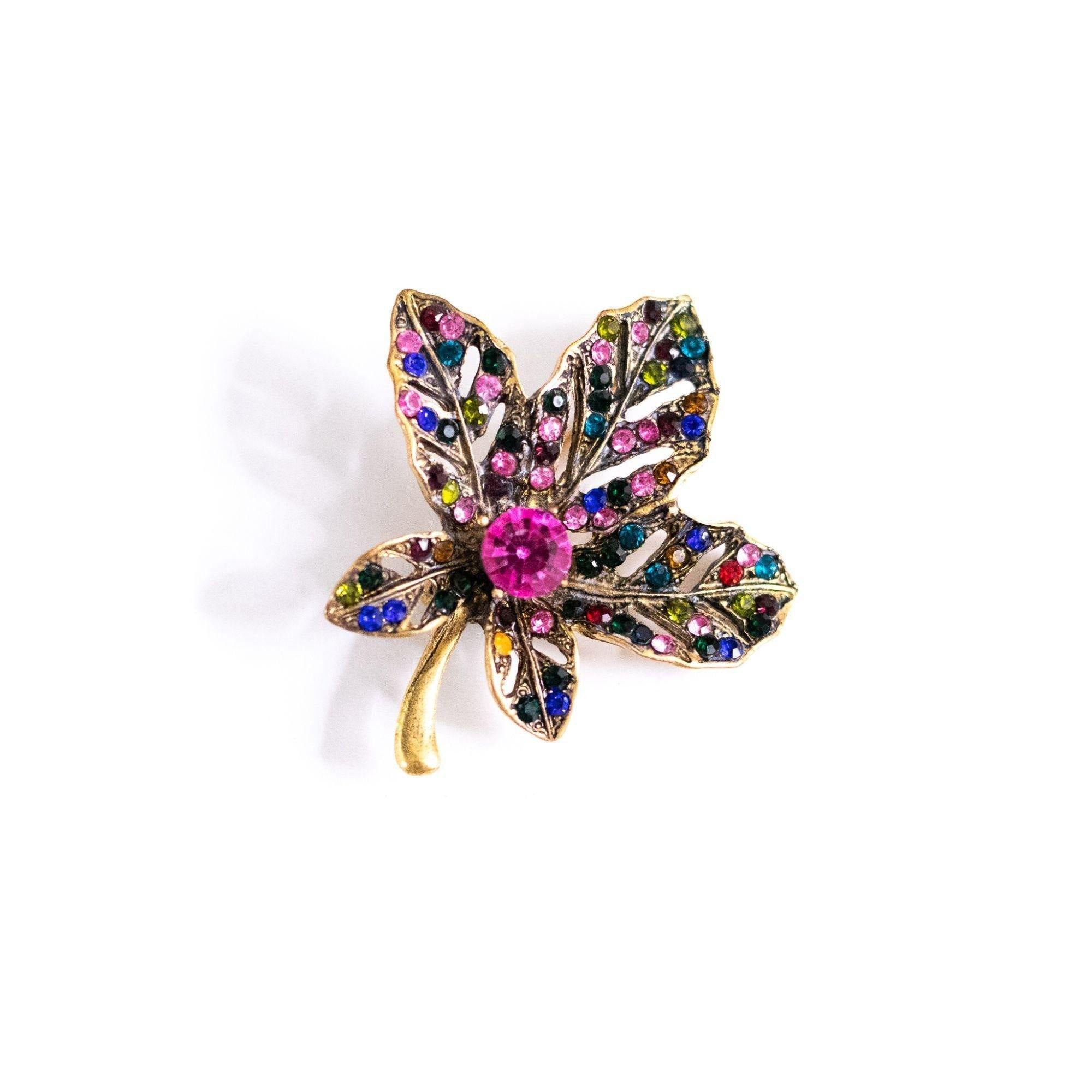 Vintage Blue, Pink Rhinestone Leaf Brooch by Unsigned Beauty - Vintage Meet Modern Vintage Jewelry - Chicago, Illinois - #oldhollywoodglamour #vintagemeetmodern #designervintage #jewelrybox #antiquejewelry #vintagejewelry