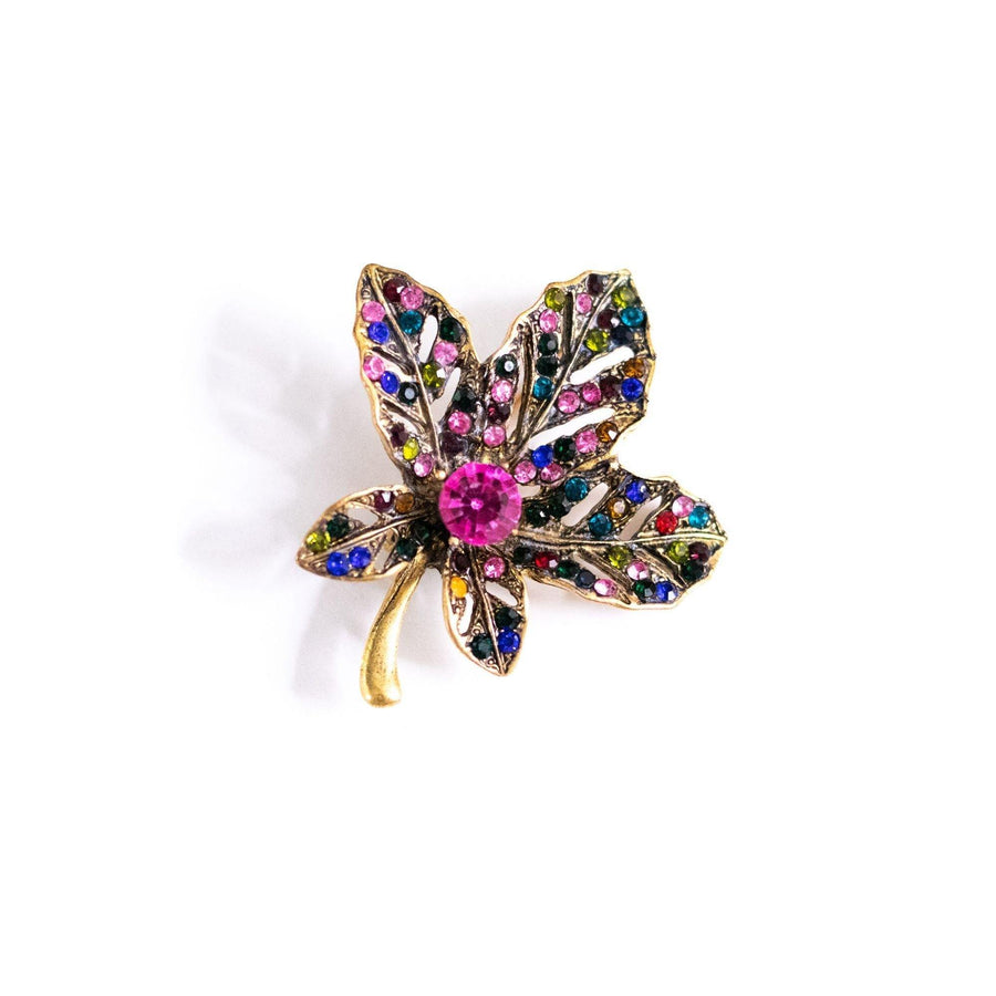 Vintage Blue, Pink Rhinestone Leaf Brooch by Unsigned Beauty - Vintage Meet Modern Vintage Jewelry - Chicago, Illinois - #oldhollywoodglamour #vintagemeetmodern #designervintage #jewelrybox #antiquejewelry #vintagejewelry