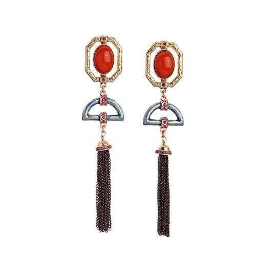 Coral Cabochon and Jade Enamel Tassel Earrings