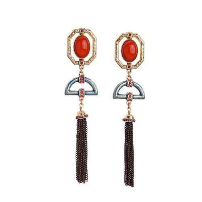 Coral Cabochon and Jade Enamel Tassel Earrings by Vintage Meet Modern - Vintage Meet Modern Vintage Jewelry - Chicago, Illinois - #oldhollywoodglamour #vintagemeetmodern #designervintage #jewelrybox #antiquejewelry #vintagejewelry