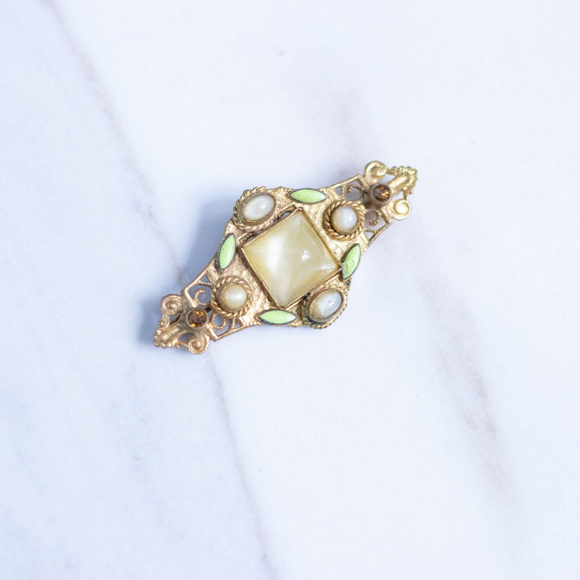 Vintage Czech Bar Brooch with Citrine Rhinestones and Yellow Glass Sugar Loaf Crystal by Czech - Vintage Meet Modern Vintage Jewelry - Chicago, Illinois - #oldhollywoodglamour #vintagemeetmodern #designervintage #jewelrybox #antiquejewelry #vintagejewelry