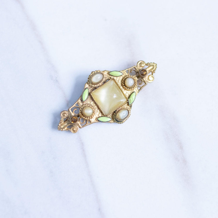 Vintage Czech Bar Brooch with Citrine Rhinestones and Yellow Glass Sugar Loaf Crystal by Czech - Vintage Meet Modern Vintage Jewelry - Chicago, Illinois - #oldhollywoodglamour #vintagemeetmodern #designervintage #jewelrybox #antiquejewelry #vintagejewelry